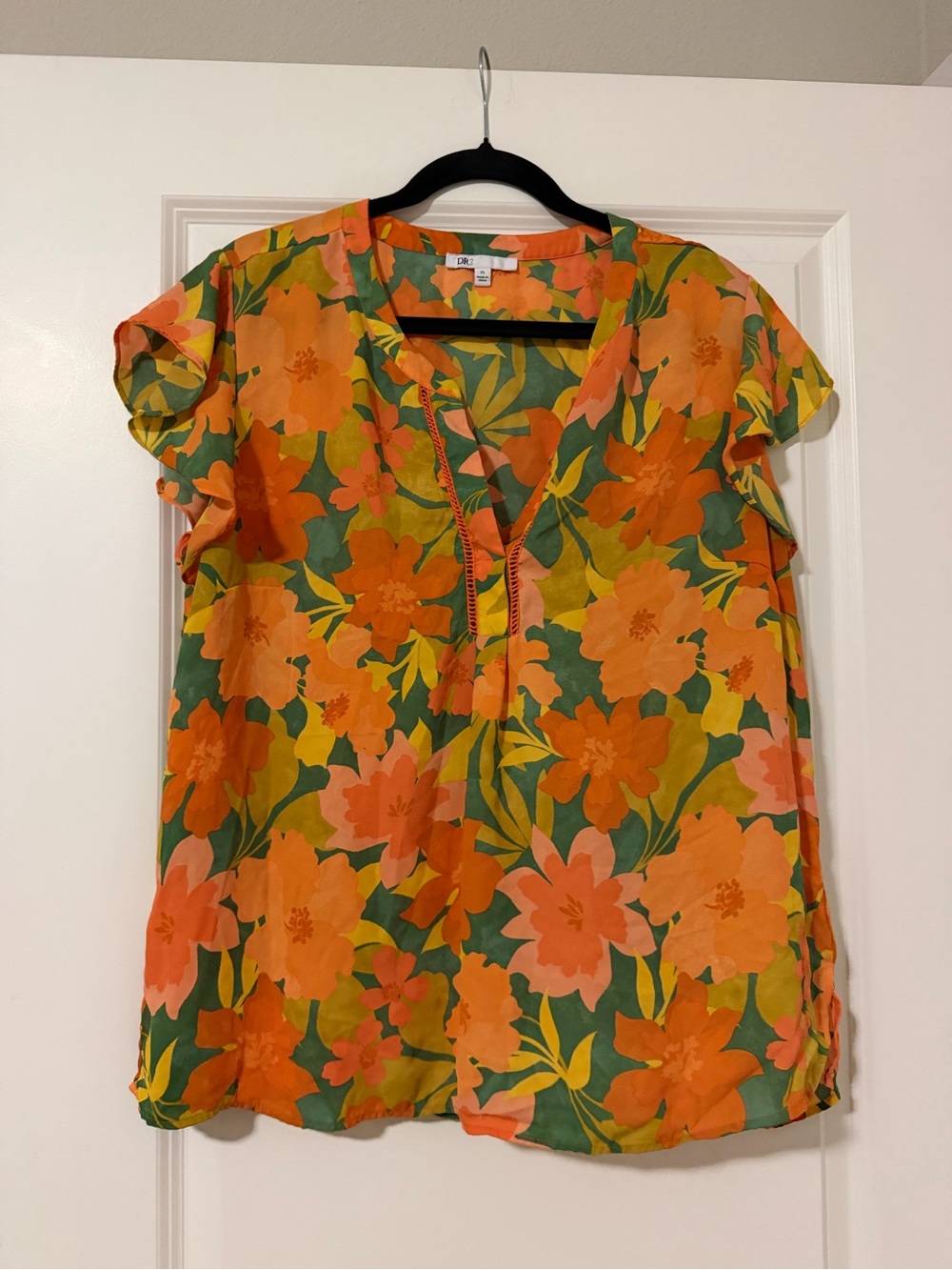 Bright Orange Floral V-Neck Blouse - Women
